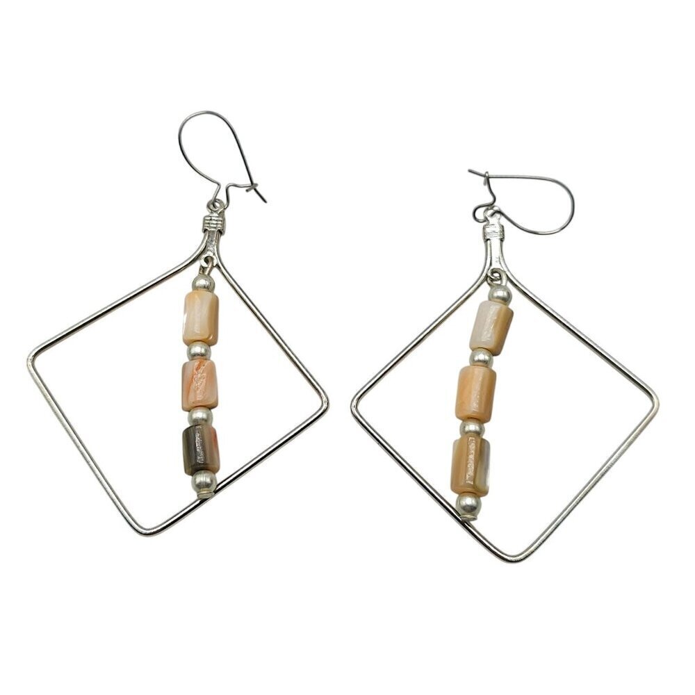 Sterling Silver Geometric Dangle Earrings With Beige Peach Abalone Shell
